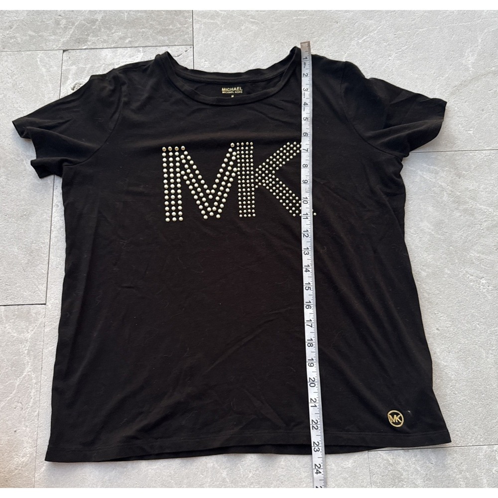 Michael Kors Black Gold Studded T Shirt MK Logo Crew Neck Sz M Short Sleeve Tee - Picture 3 of 5